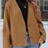 Womens Cropped Wool Blend Pea Coat Casual V Neck Button Down Short Jackets Fall Shackts with Pockets