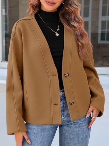 Womens Cropped Wool Blend Pea Coat Casual V Neck Button Down Short Jackets Fall Shackts with Pockets
