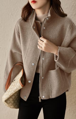Women's Casual Stand Collar Single Breasted Short Wool Pea Coat Overcoat with Pockets