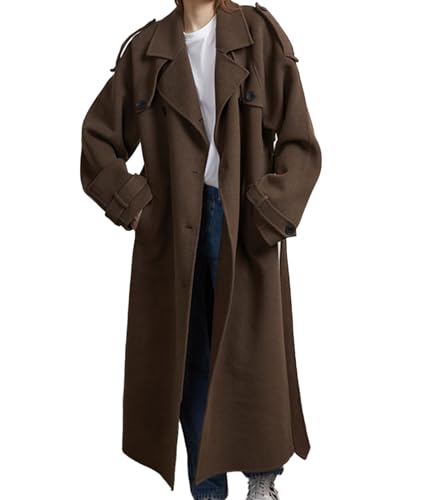 Women's Winter Double Breasted Long Coat Notch Lapel Long Sleeve Wool Blend Trench Coat with Belt