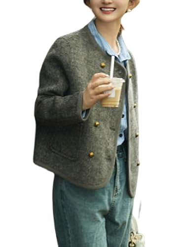 Women Cropped Wool Cotas Double Breasted Short Wool Pea Coat Tweed Jacket Outerwear
