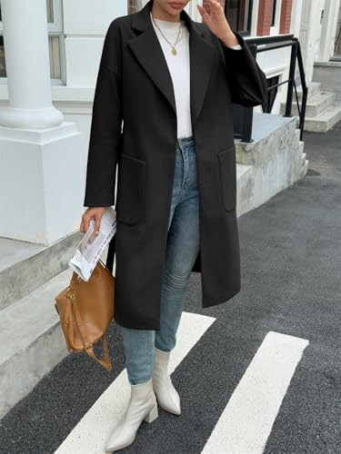 Womens Long Pea Coats Open Front Lapel Jackets Casual Belted Trench Coat Overcoats with Pockets
