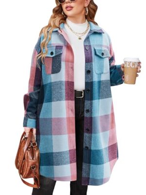 Womens Plus Size Flannel Plaid Shirts Long Sleeve Lounge Lapel Boyfriend Button Down Tartan Long Jacket Coats