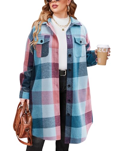 Womens Plus Size Flannel Plaid Shirts Long Sleeve Lounge Lapel Boyfriend Button Down Tartan Long Jacket Coats