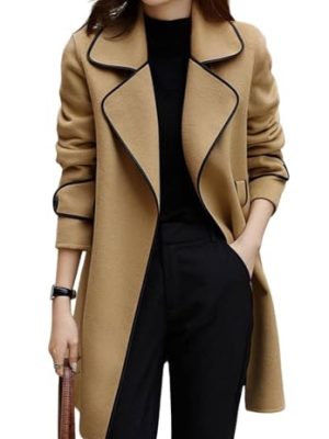 Women's Elegant Lapel Collar Wool Blend Midi-Long Pea Coat Jacket with Belt