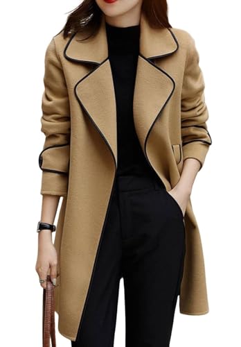Women's Elegant Lapel Collar Wool Blend Midi-Long Pea Coat Jacket with Belt