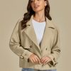 Cropped Trench Coat for Women Long Sleeve Double Breasted Notched Lapel Casual Loose Fit Jackets with Pockets