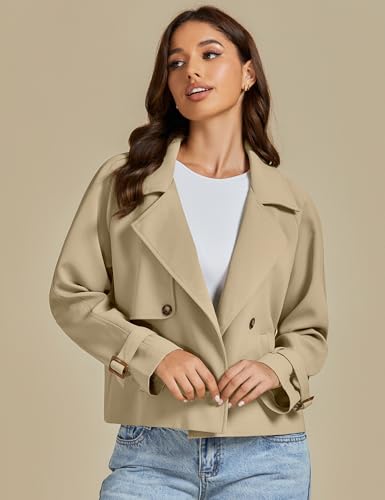 Cropped Trench Coat for Women Long Sleeve Double Breasted Notched Lapel Casual Loose Fit Jackets with Pockets