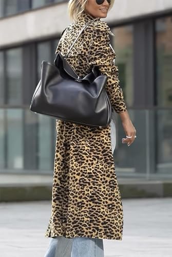 Women's Notch Lapel Leopard Print Duster Trench Coat Open Front Loose Faux Suede Mid Long Pea Coat