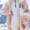 Womens 2025 Winter Fuzzy Fleece Jacket Hooded Color Block Patchwork Cardigan Coats Outerwear with Pockets