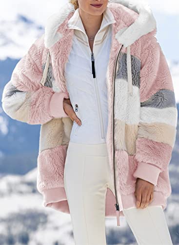 Womens 2025 Winter Fuzzy Fleece Jacket Hooded Color Block Patchwork Cardigan Coats Outerwear with Pockets
