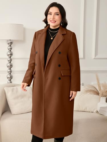 Women's Plus Size Wool Pea Coat Double Breasted Notch Lapel Collar Fall Winter Classic Long Trench Coat