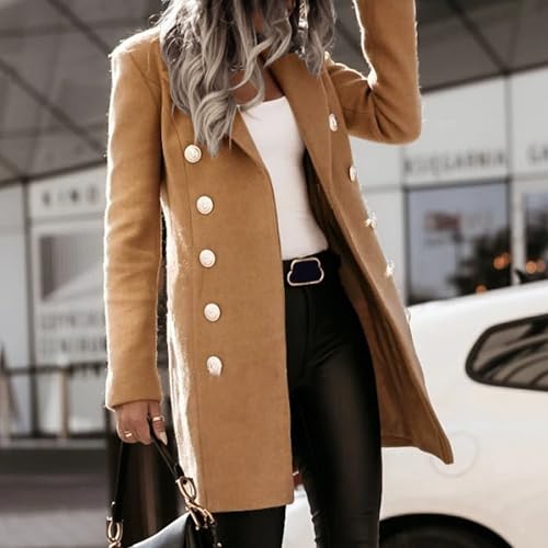 Womens Mid Long Wool Blend Coats Notched Lapel Collar Double Breasted Coat Fall Winter Jackets Overcoat