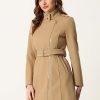 High Neck Winter Coat for Women's Zip Up Belted Mid-Long Overcoat
