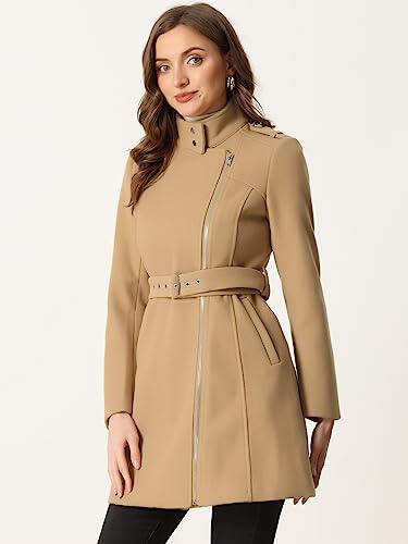 High Neck Winter Coat for Women's Zip Up Belted Mid-Long Overcoat