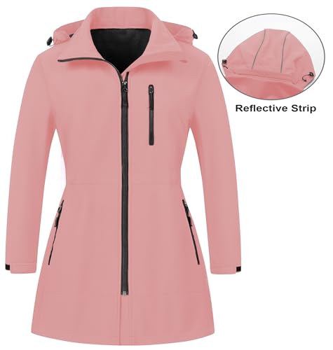Women's Plus Size Long Softshell Jacket Waterproof Fleece Lined Rain Jacket Lightweight Windbreaker With Hood