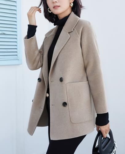 Women's Winter Plaid Wool Trench Coat Notch Lapel Vintage Loose Warm Long Double Breasted Peacoat