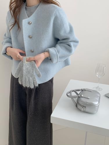 Women Short Wool Pea Coat Long Sleeve Button Down Short Jacket Cropped Woolen Blend Coat Outerwear