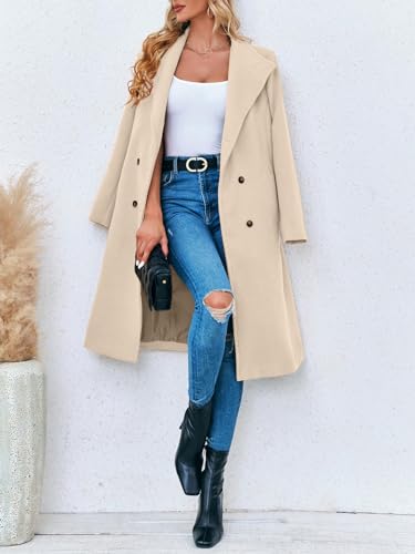 Women Double Breasted Coats Long Winter Work Office Overcoat Pocketed Outwear with Belt
