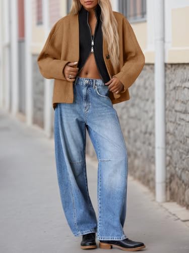 Womens Cropped Wool Blend Pea Coat Casual V Neck Button Down Short Jackets Fall Shackts with Pockets