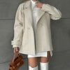 Women's Herringbone Double Breasted Wool Coat Notched Lapel Work Casual Wool Blend Trench Pea Coat Jacket