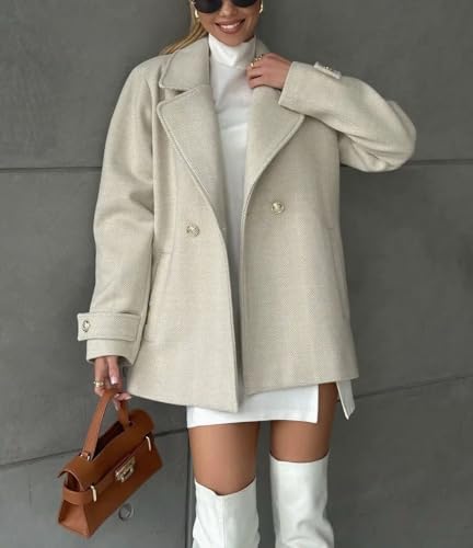 Women's Herringbone Double Breasted Wool Coat Notched Lapel Work Casual Wool Blend Trench Pea Coat Jacket