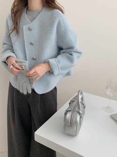 Women Short Wool Pea Coat Long Sleeve Button Down Short Jacket Cropped Woolen Blend Coat Outerwear