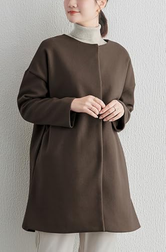 Women's Fall Collarless Single Breasted Midi Long Wool Coat Business Casual Winter Pea Coat