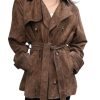 Women Faux Suede Leather Trench Coat Double Breasted Midi Long Pea Coat Overacoat with Belt
