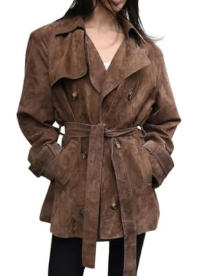 Women Faux Suede Leather Trench Coat Double Breasted Midi Long Pea Coat Overacoat with Belt