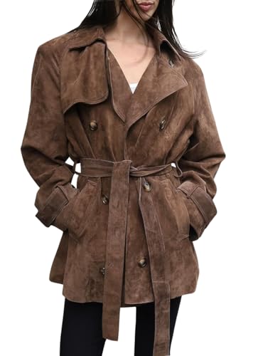 Women Faux Suede Leather Trench Coat Double Breasted Midi Long Pea Coat Overacoat with Belt