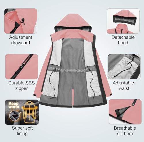 Women's Plus Size Long Softshell Jacket Waterproof Fleece Lined Rain Jacket Lightweight Windbreaker With Hood
