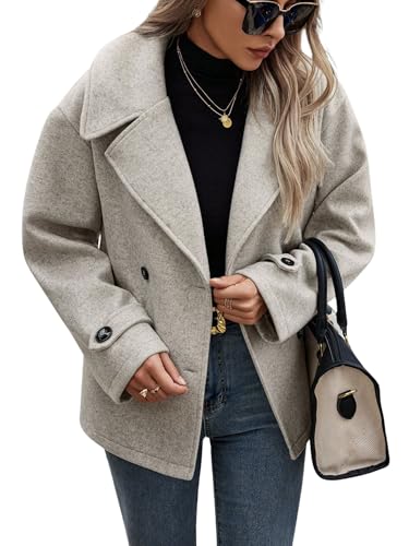 Women's Winter Loose Fit Cropped Wool Coat Double Breasted Dressy Short Blazer Jacket Peacoat