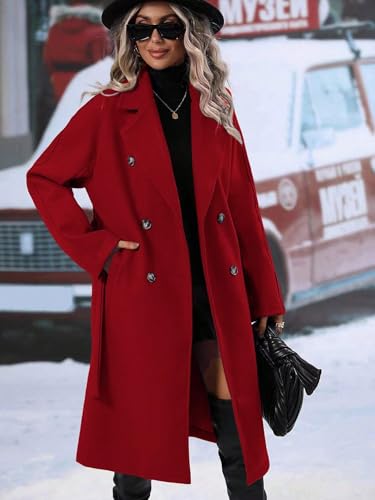 Womens Long Wool Pea Coat Notched Lapel Double Breasted Trench Coat Winter Warm Overcoat with Belt