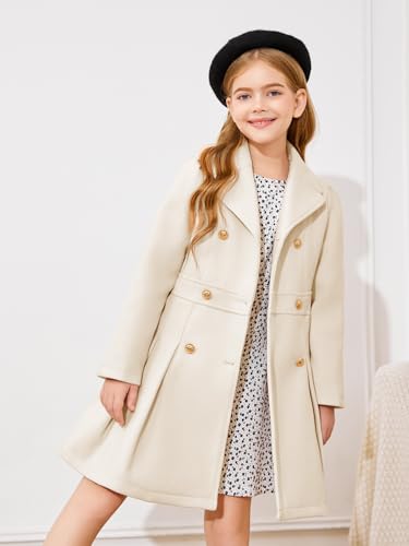 Girls Winter Dress Coat Button Peacoat Notch Lapel Double Breasted Outerwear with Pockets 5-14 Years