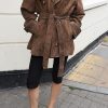 Women Faux Suede Leather Trench Coat Double Breasted Midi Long Pea Coat Overacoat with Belt