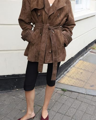 Women Faux Suede Leather Trench Coat Double Breasted Midi Long Pea Coat Overacoat with Belt