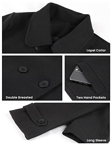 Women's Winter Double Breasted Coat Black Wool Peacoat Long Sleeve Trench Coat