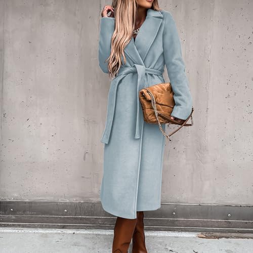 Women's Long Wool Pea Coats with Belt Elegant Lapel Collar Wool Blend Trench Coat Fall Winter Warm Overcoat