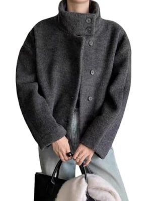 Women Warm Winter Short Wool Pea Coat Stand Collar Crop Wool Blend Jacket Outwear