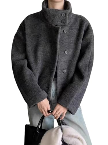 Women Warm Winter Short Wool Pea Coat Stand Collar Crop Wool Blend Jacket Outwear