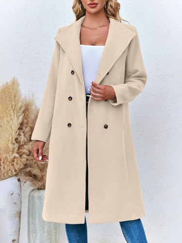 Women Double Breasted Coats Long Winter Work Office Overcoat Pocketed Outwear with Belt