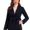 Short Pea Coat for Women's Buttoned Winter Belted Slant Pockets Shawl Lapel Collar Coats
