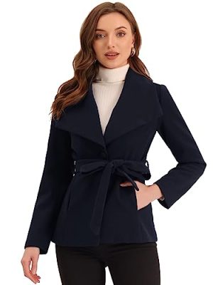 Short Pea Coat for Women's Buttoned Winter Belted Slant Pockets Shawl Lapel Collar Coats