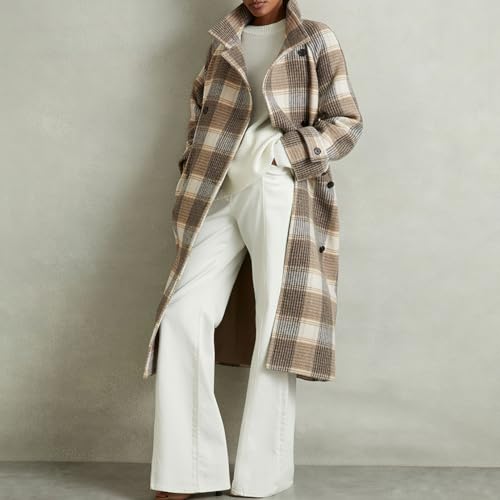 Women's Stand Collar Plaid Wool Coat Peacoat Winter Overcoat Mid Long Trench Coat with Belt