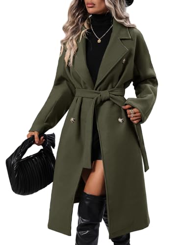Women Elegant Wool Pea Coat Lapel Collar Double Breasted Mid-Long Winter Overcoats with Belted Pockets
