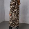 Women's Faux Suede Leopard Midi Long Trench Coat Double Breasted Notch Lapel Pea Coat Overcoat