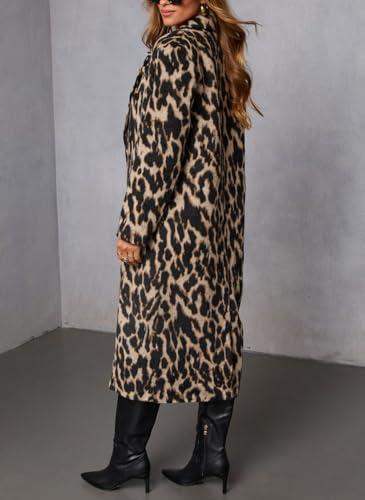 Women's Faux Suede Leopard Midi Long Trench Coat Double Breasted Notch Lapel Pea Coat Overcoat