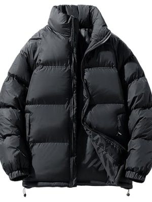 Thicken Warm Bubble Down Jacket for Men Water-Resistant Stand Collar Zipped Puffy Coat Casual Long Sleeve Outwear