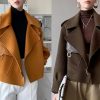 Women Cropped Wool Coats Warm Pea Coat Notched Lapel Open Front Trench Overcoat Jackets with Pockets